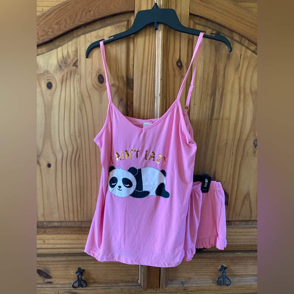 Women Not A Morning Person pink panda 2 piece shorts pajamas size M - NWT